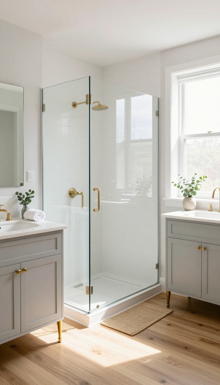 Bright bathroom with a tiled knee wall and glass panel separating a walk-in shower from the double vanity area