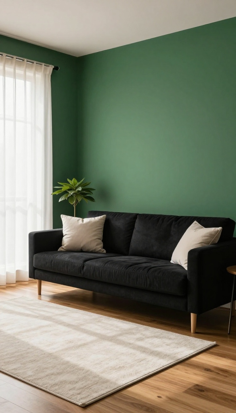 Black couch in a bright living room set against a deep emerald green painted accent wall with neutral curtains and a light rug