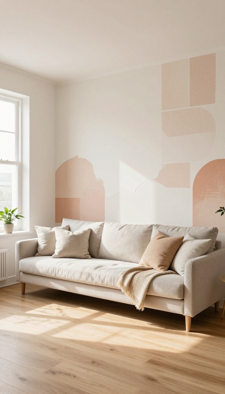 Bright rental living room with a bold geometric peel-and-stick wallpaper accent wall behind a neutral sofa