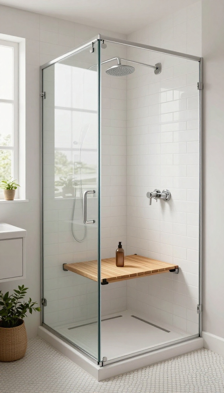 Compact bathroom shower with a fold-down teak seat, white subway tiles, and natural light