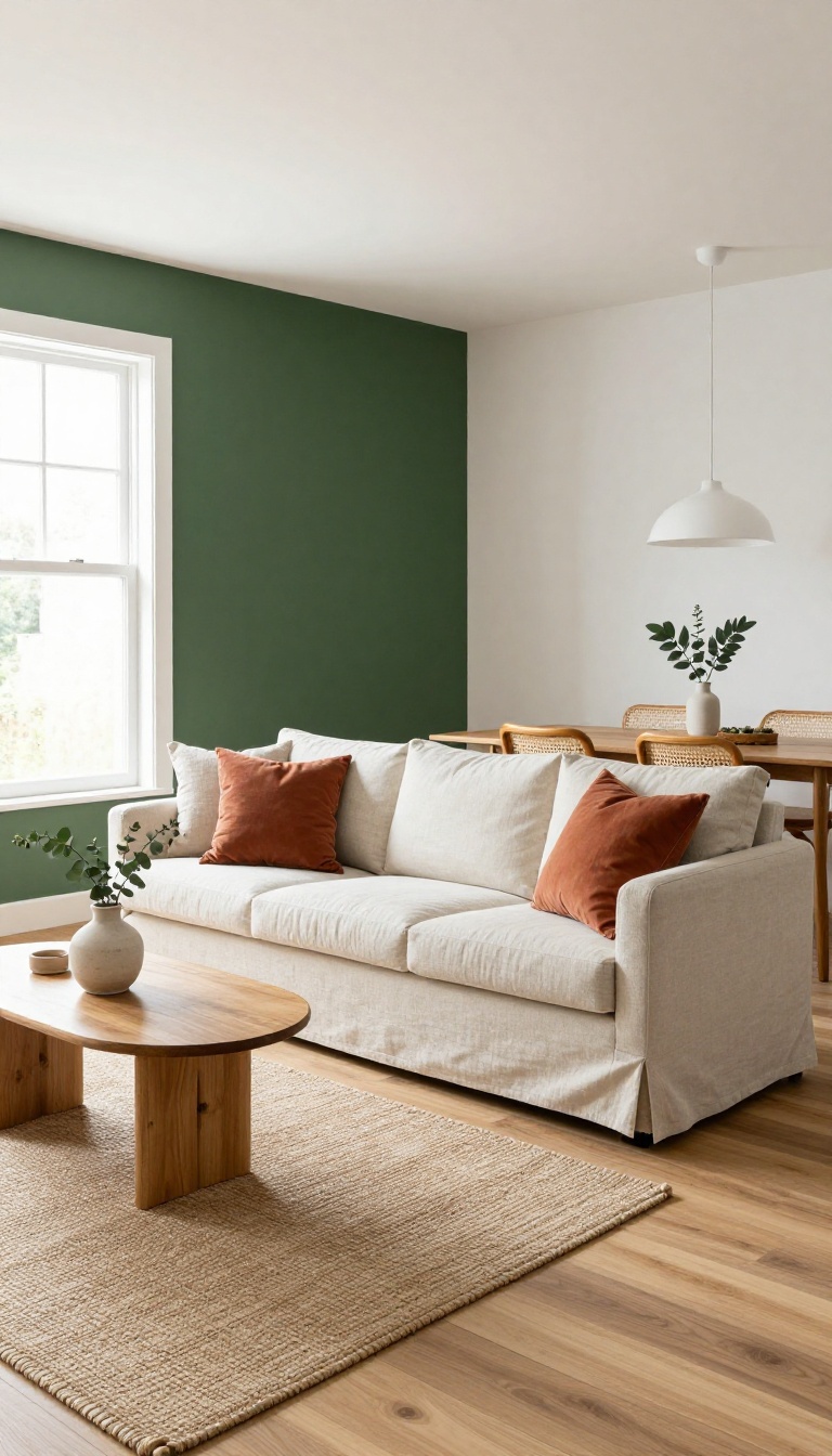 Open-plan living room with a deep green accent wall behind a floating neutral sofa, separating the seating zone from a nearby dining area in bright natural light