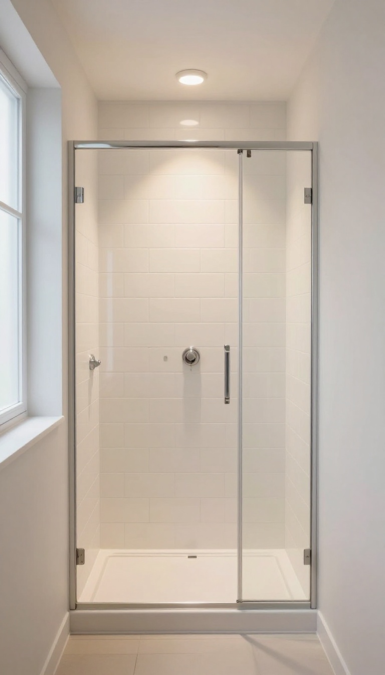 Small shower with one centered ceiling light casting even, shadow-free illumination across white tile walls