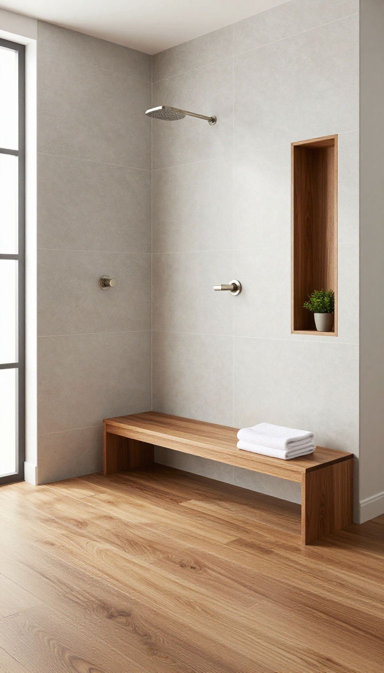Gray tiled shower with a warm wood-look plank floor and matching wood-look bench seat, bright natural light