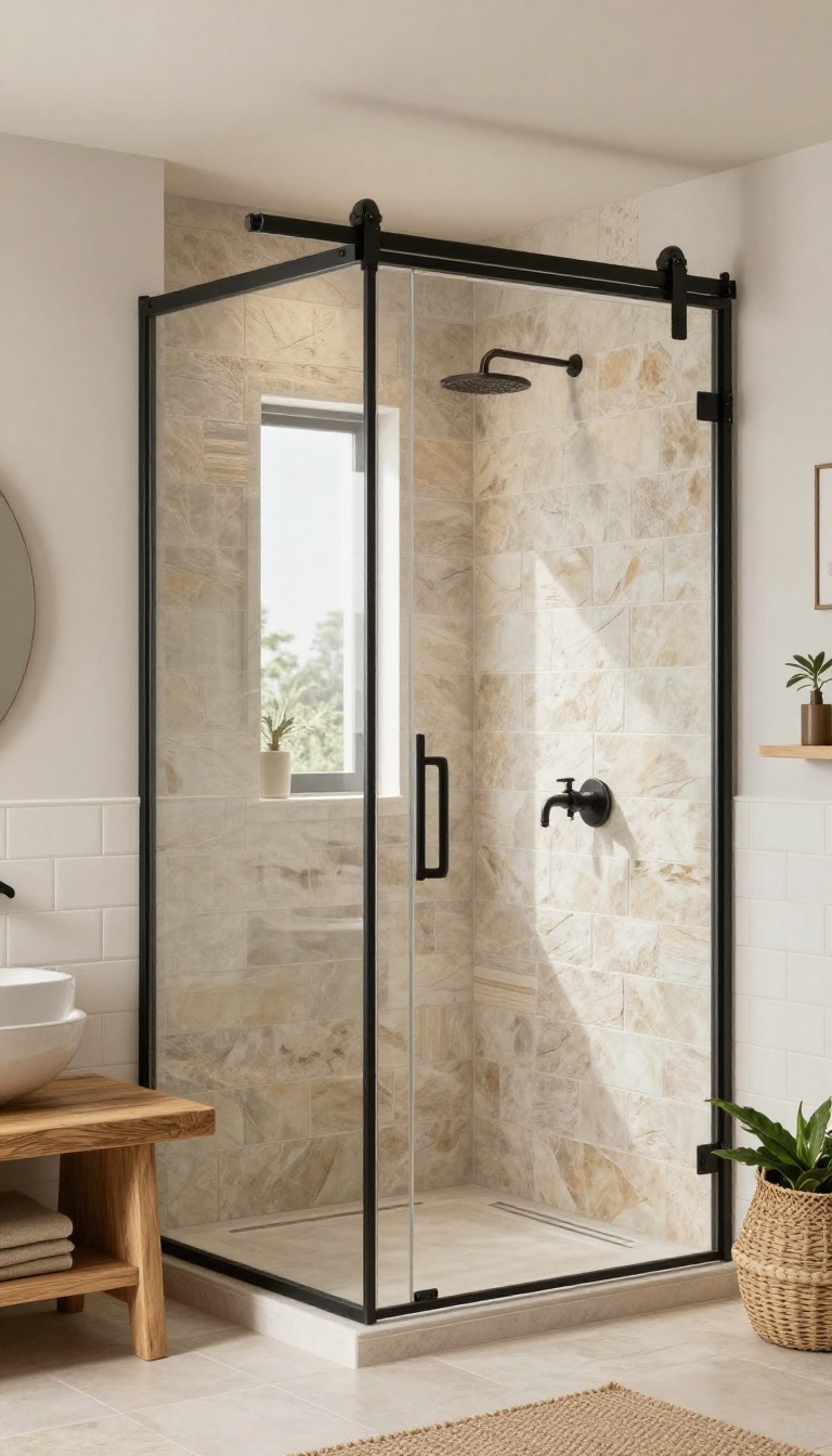Modern rustic bathroom with a sliding barn-style shower door, natural stone tile, wood vanity, and earthy accents.