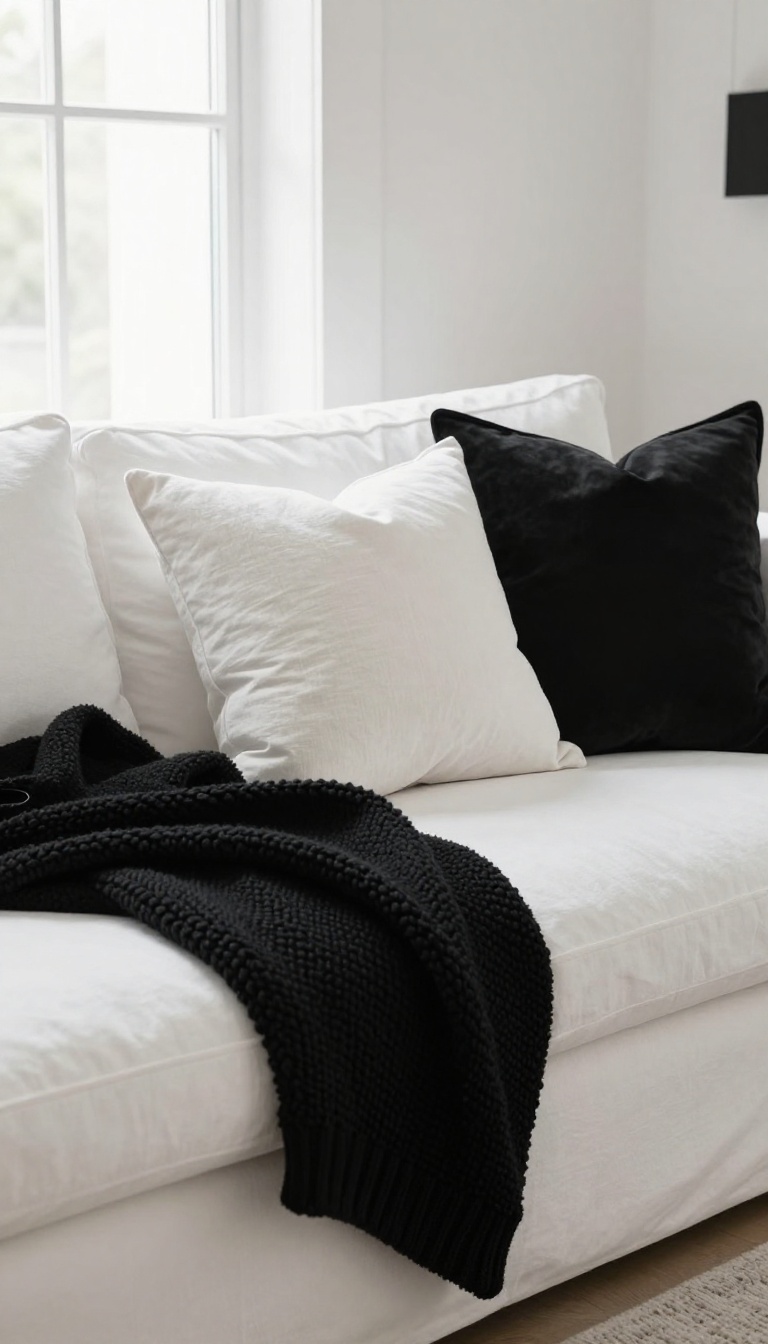 Modern black and white living room with a white sofa styled with a black throw, white pillows, and a soft cream blanket