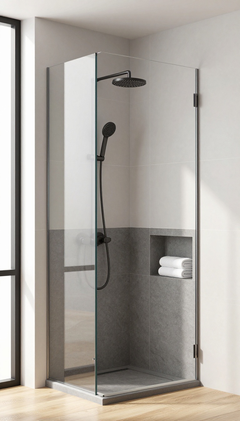 Modern shower with light gray upper wall tiles and dark charcoal lower tiles divided by a crisp horizontal line, glass panel, and black fixtures in bright natural light
