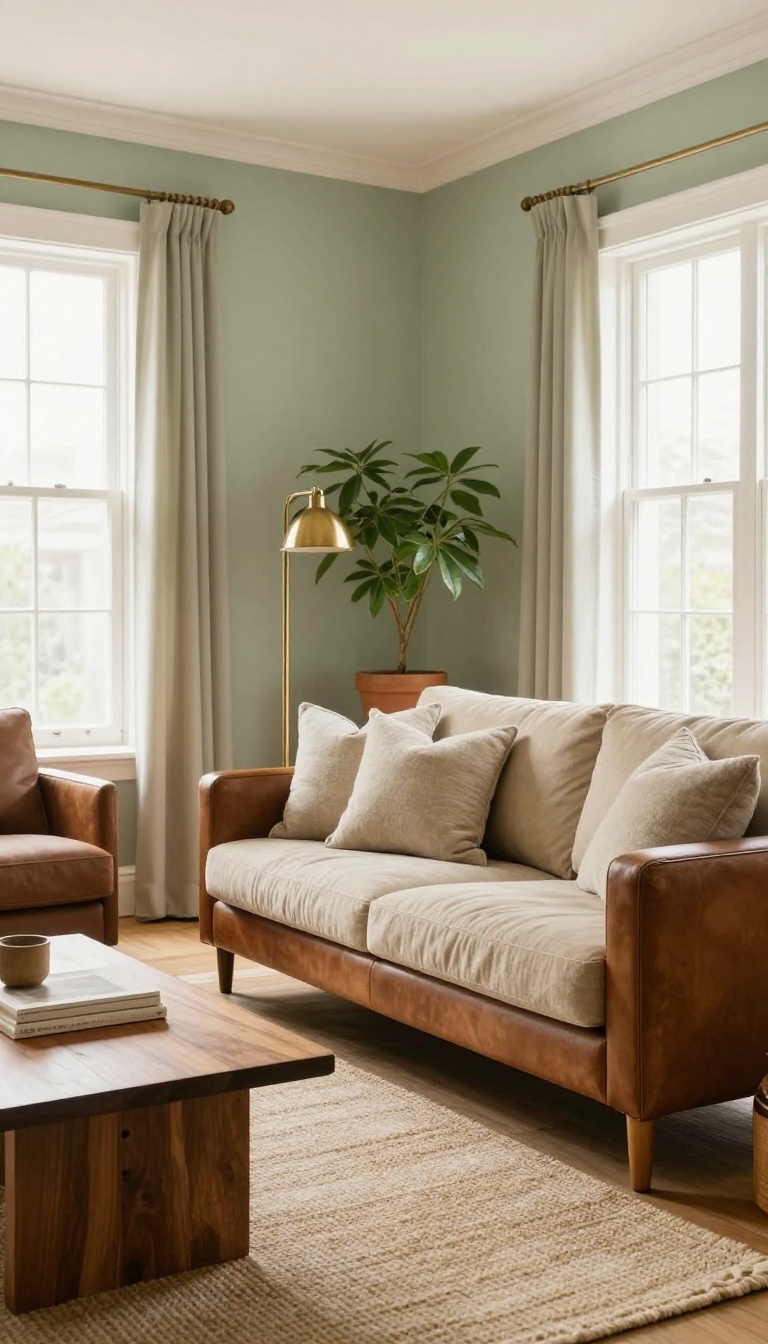 Living room with warm sage green walls, brown leather armchair, walnut coffee table, cream trim, and natural light
