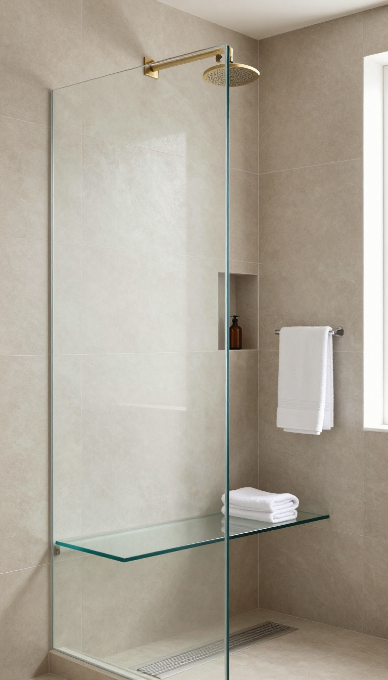 Floating tempered glass shower seat mounted on large-format tile in a bright modern walk-in shower