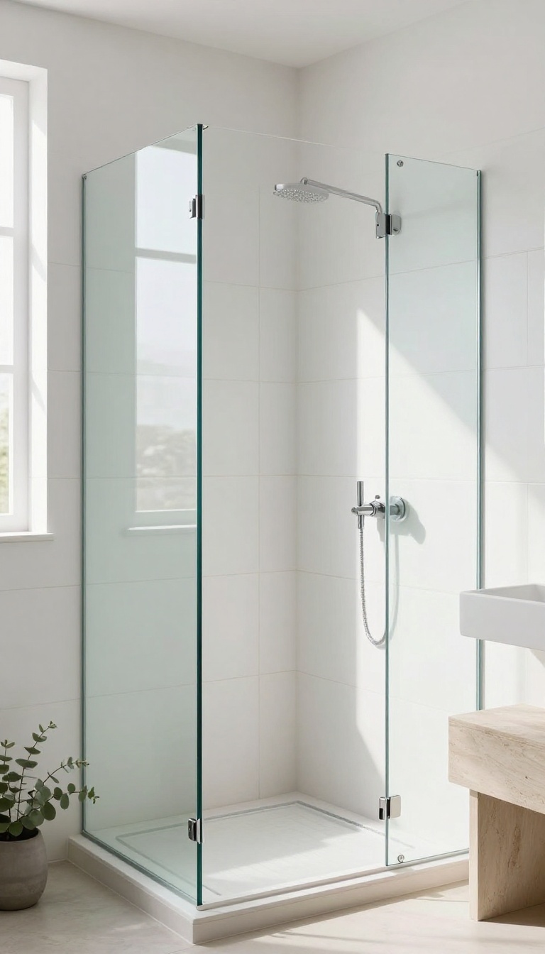 Bright corner shower enclosed by crystal-clear low-iron glass panels over white tile with warm grout, sunlight bouncing between the two glass walls