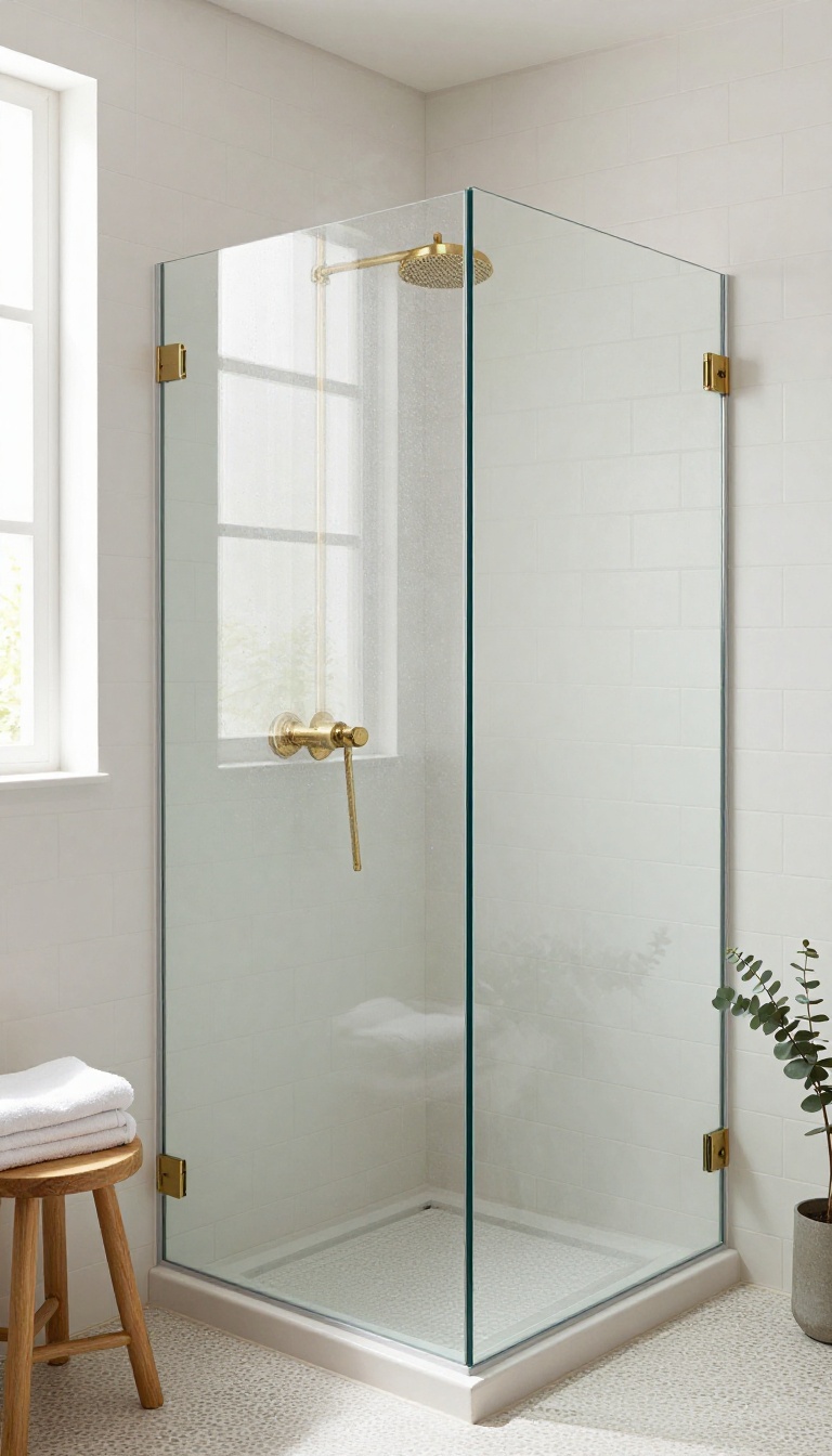 Bright modern bathroom shower with a tiled knee wall topped by a fixed clear glass panel, letting light and air flow through the open space above.