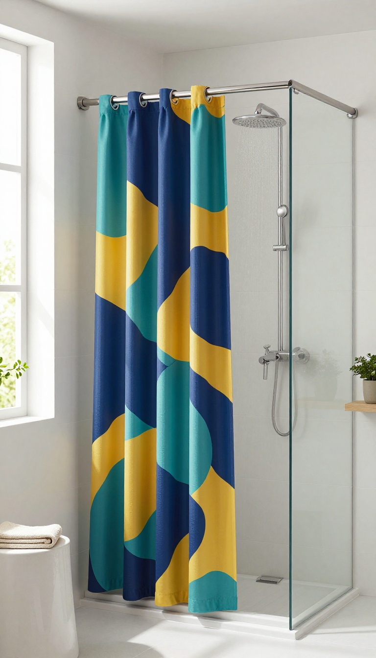 Walk-in shower with a bold geometric patterned curtain in navy, teal, and mustard, surrounded by minimalist bathroom decor and natural light.