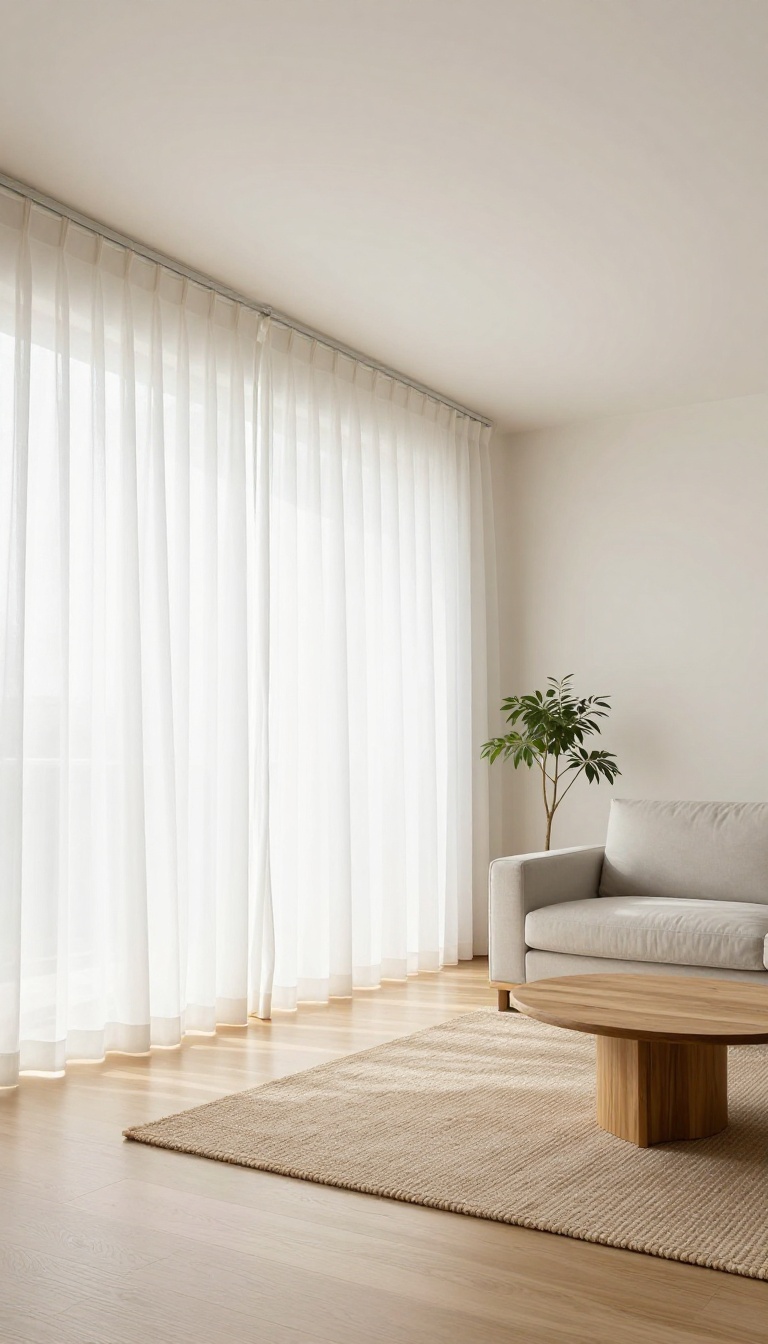 Bright low-ceiling living room with simple floor-length linen curtains hung high and wide near the ceiling, letting natural light fill the airy space