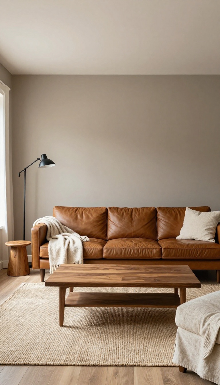 Soft taupe living room walls with brown leather sofa and walnut furniture in bright natural light