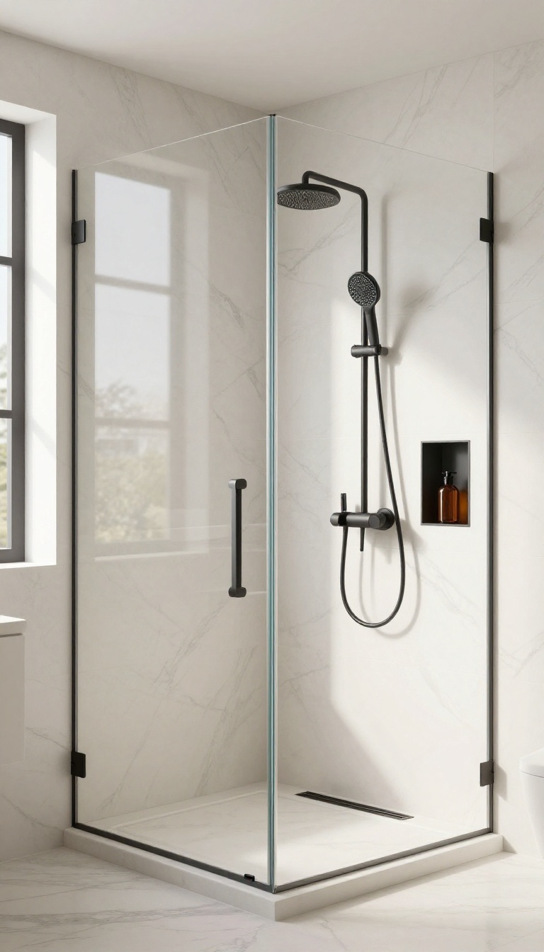 Modern walk-in shower with matte black fixtures and white marble-look tiles