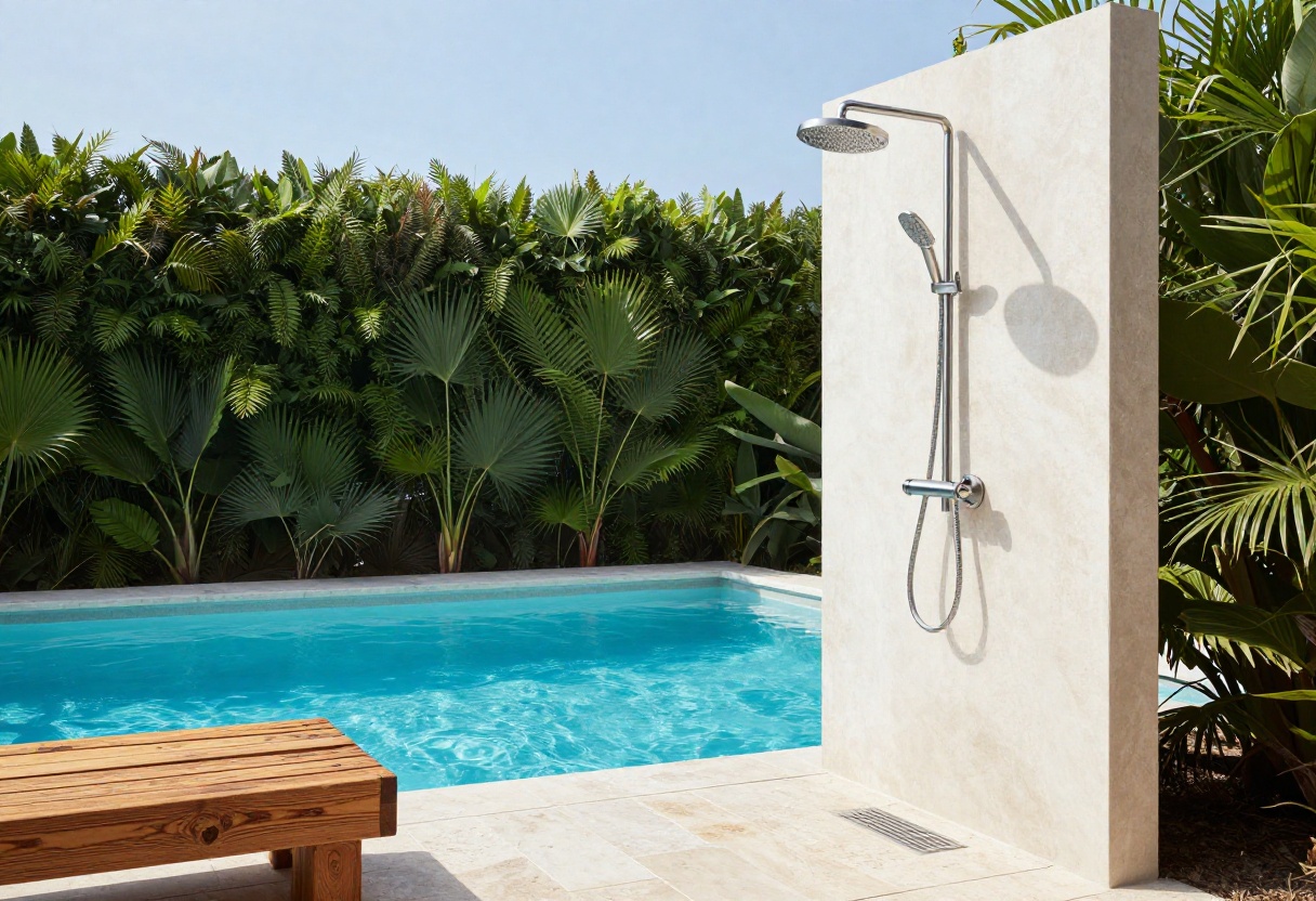 Modern outdoor pool shower with stone floor and teak bench