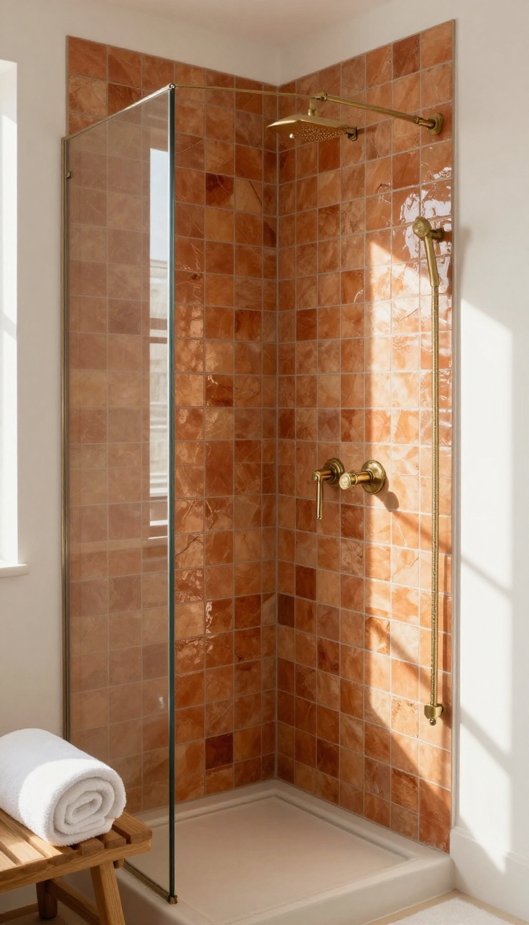 Warm terracotta and zellige tiled shower corner with brass fixtures and natural light in a cozy bathroom