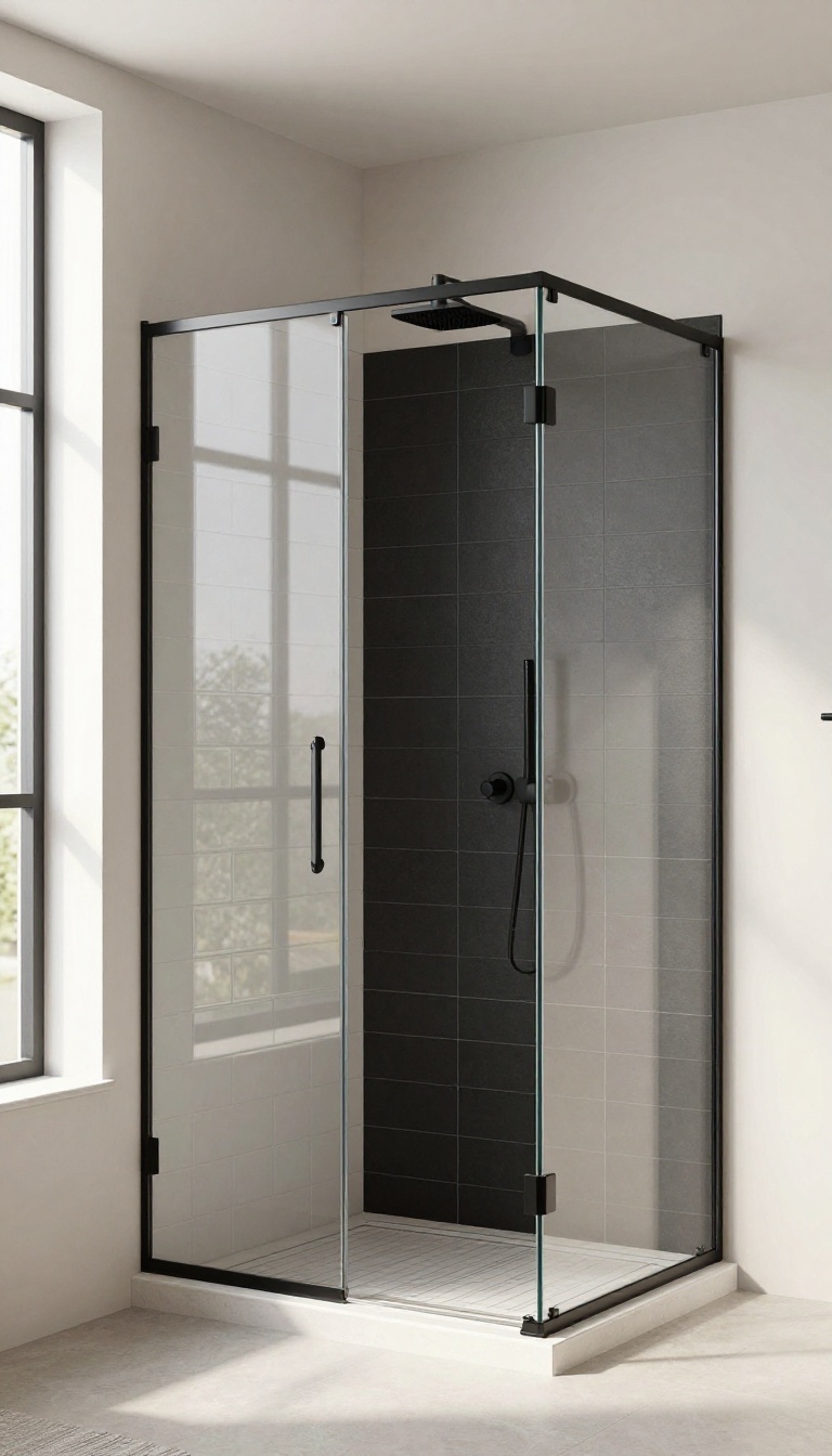 Modern shower with a matte black accent wall contrasted by light white subway tile and bright natural light