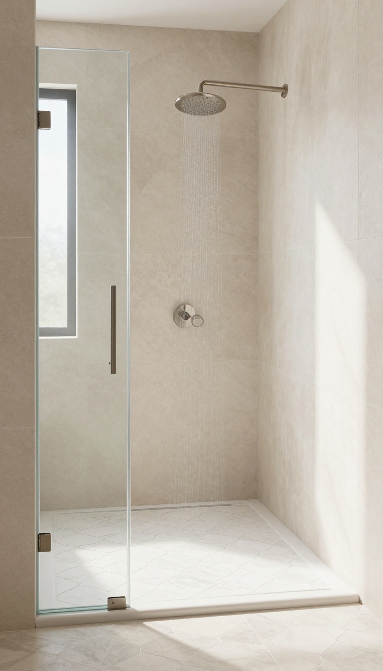 Walk-in shower with fish-scale geometric tile floor in white and grey, paired with light beige stone-look walls and a rainfall showerhead in a bright, serene bathroom.