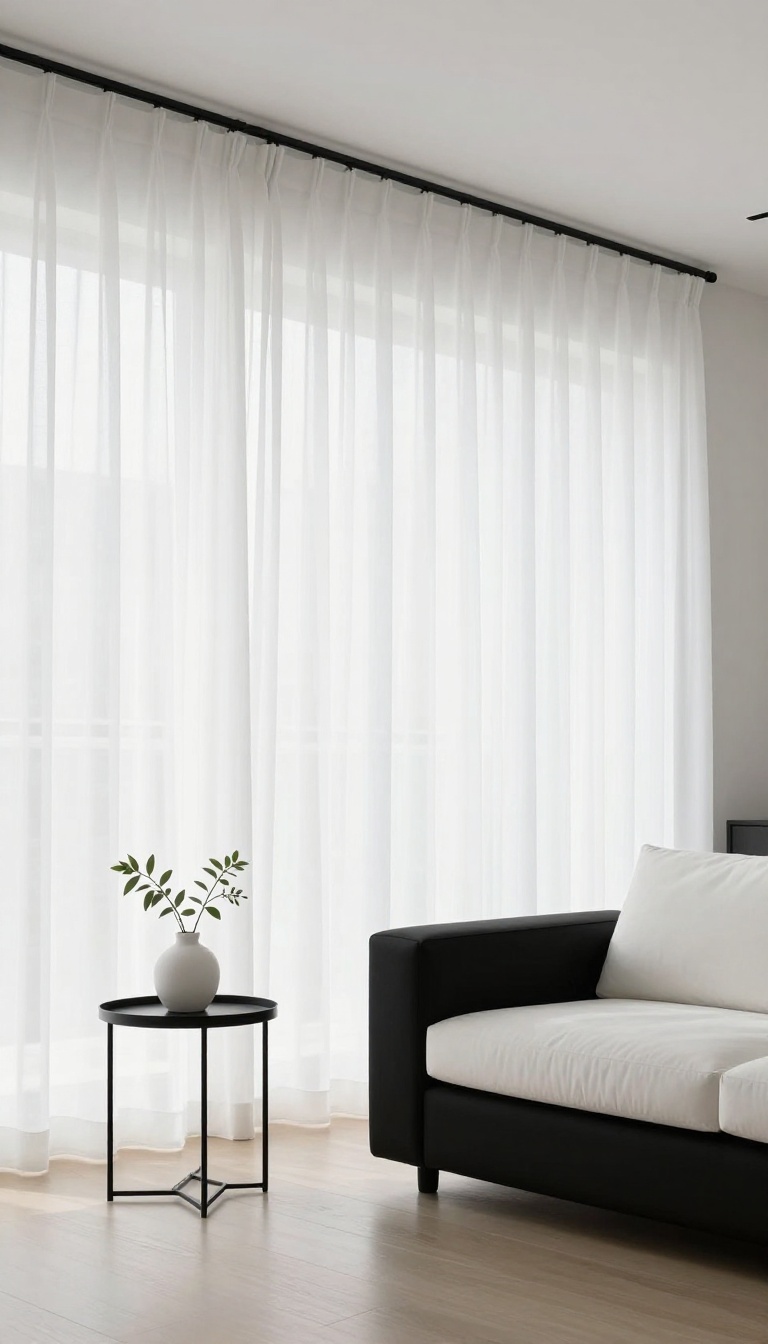 Bright modern black and white living room with floor-to-ceiling white curtains hung from a black rod at the ceiling line, soft natural light, and a low black sofa.