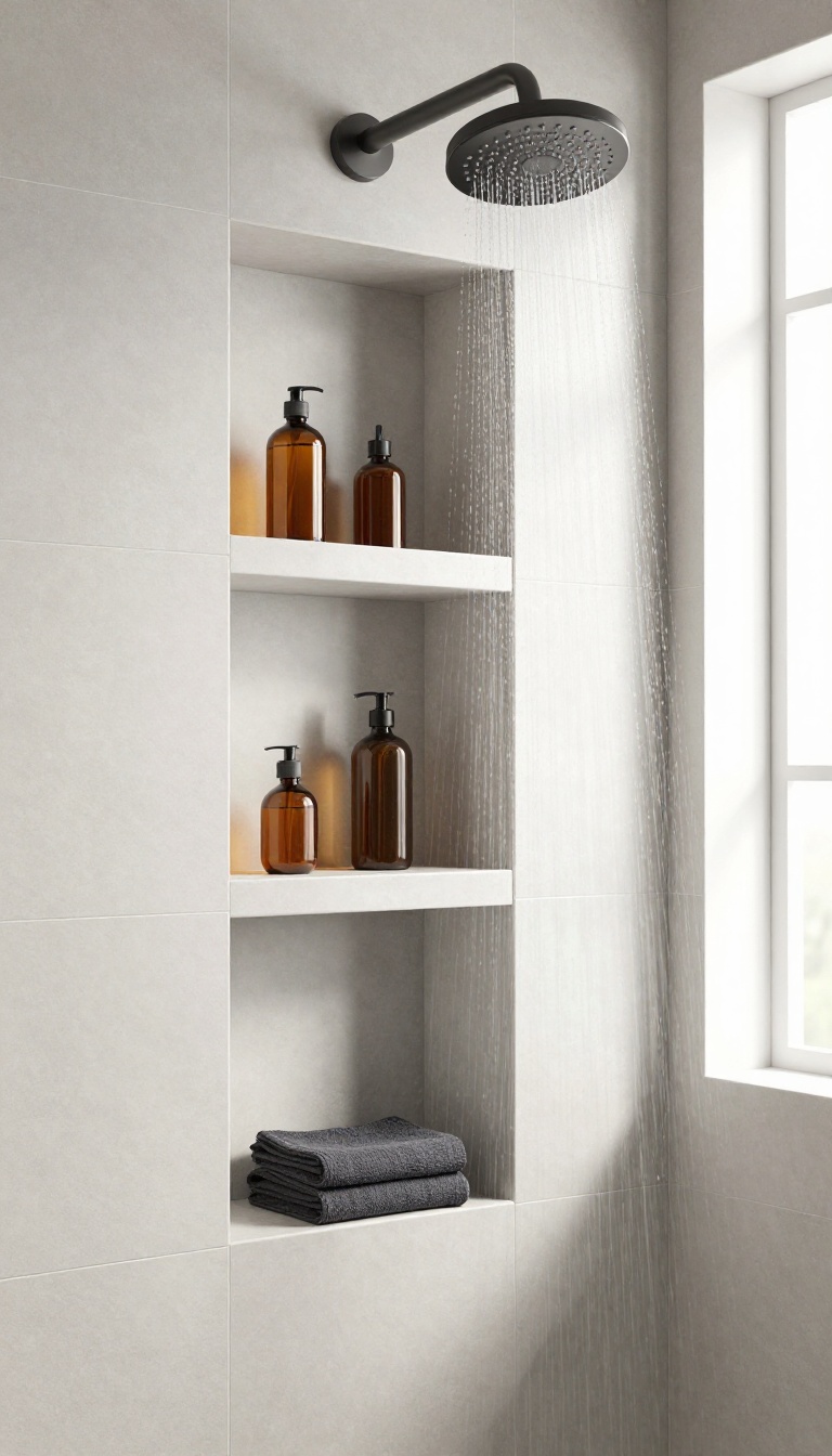 Modern shower with a built-in niche shelf holding amber glass bottles, seamlessly integrated into the tiled wall