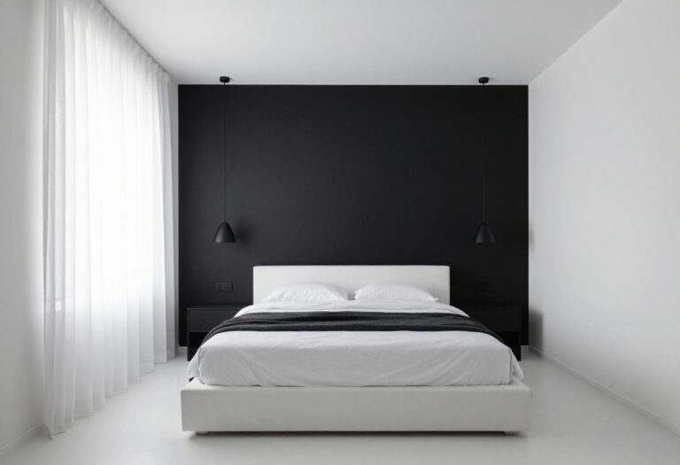 Modern black and white bedroom with a white bed, black accent wall, and cozy textures.