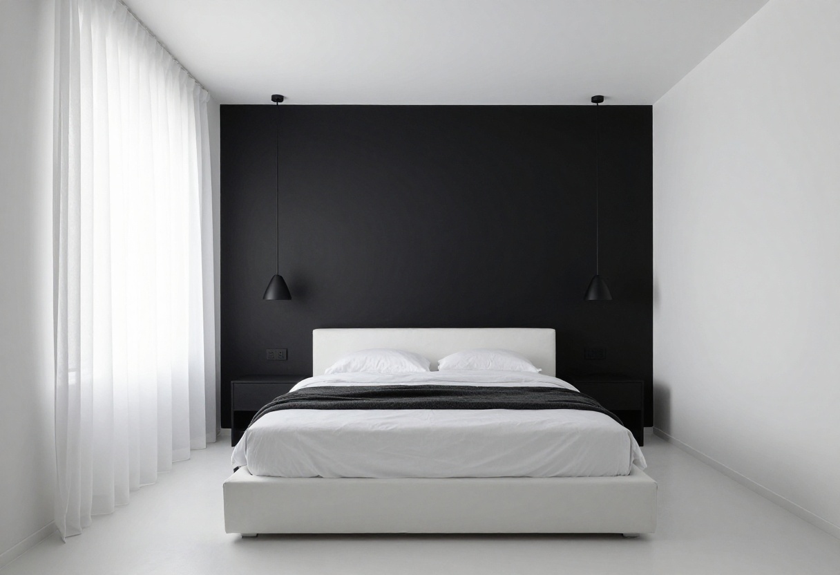 Modern black and white bedroom with a white bed, black accent wall, and cozy textures.