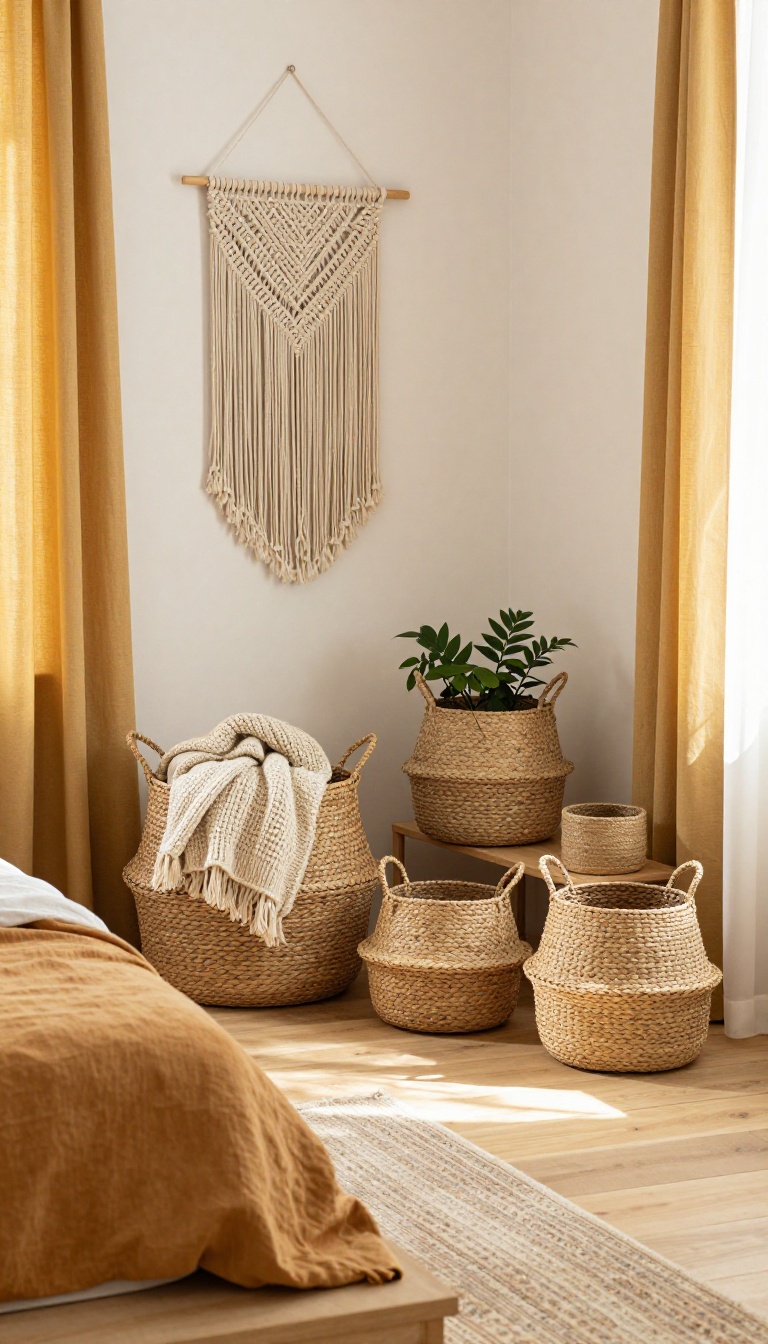 Bohemian bedroom corner with clustered woven seagrass, jute, and rattan baskets holding blankets and a plant beside a low bed with layered textiles in warm natural light