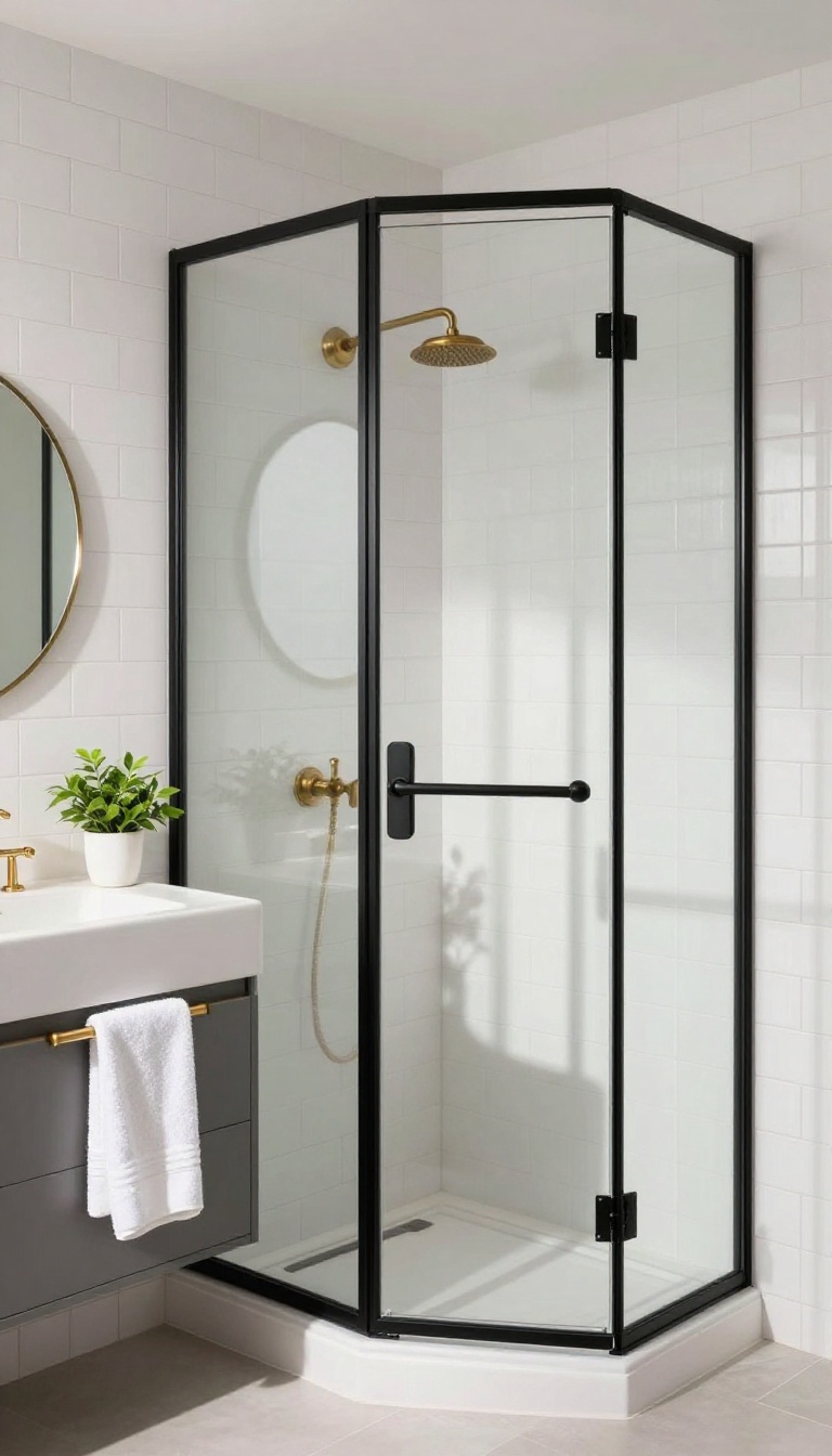 Modern bathroom with a black-framed glass shower door, white subway tiles, and warm brass fixtures.