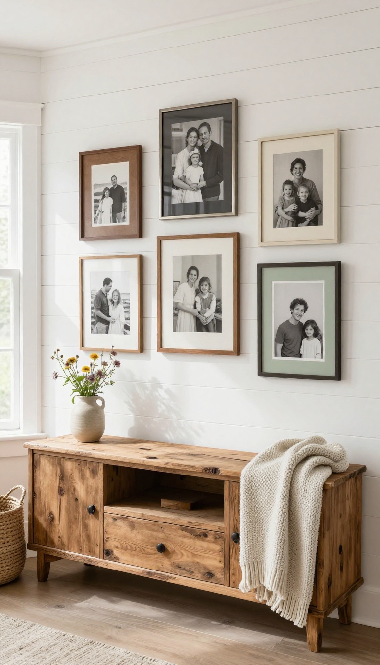 Cozy country living room gallery wall with mixed vintage frames of black-and-white family photos above a rustic wood console table in bright natural light