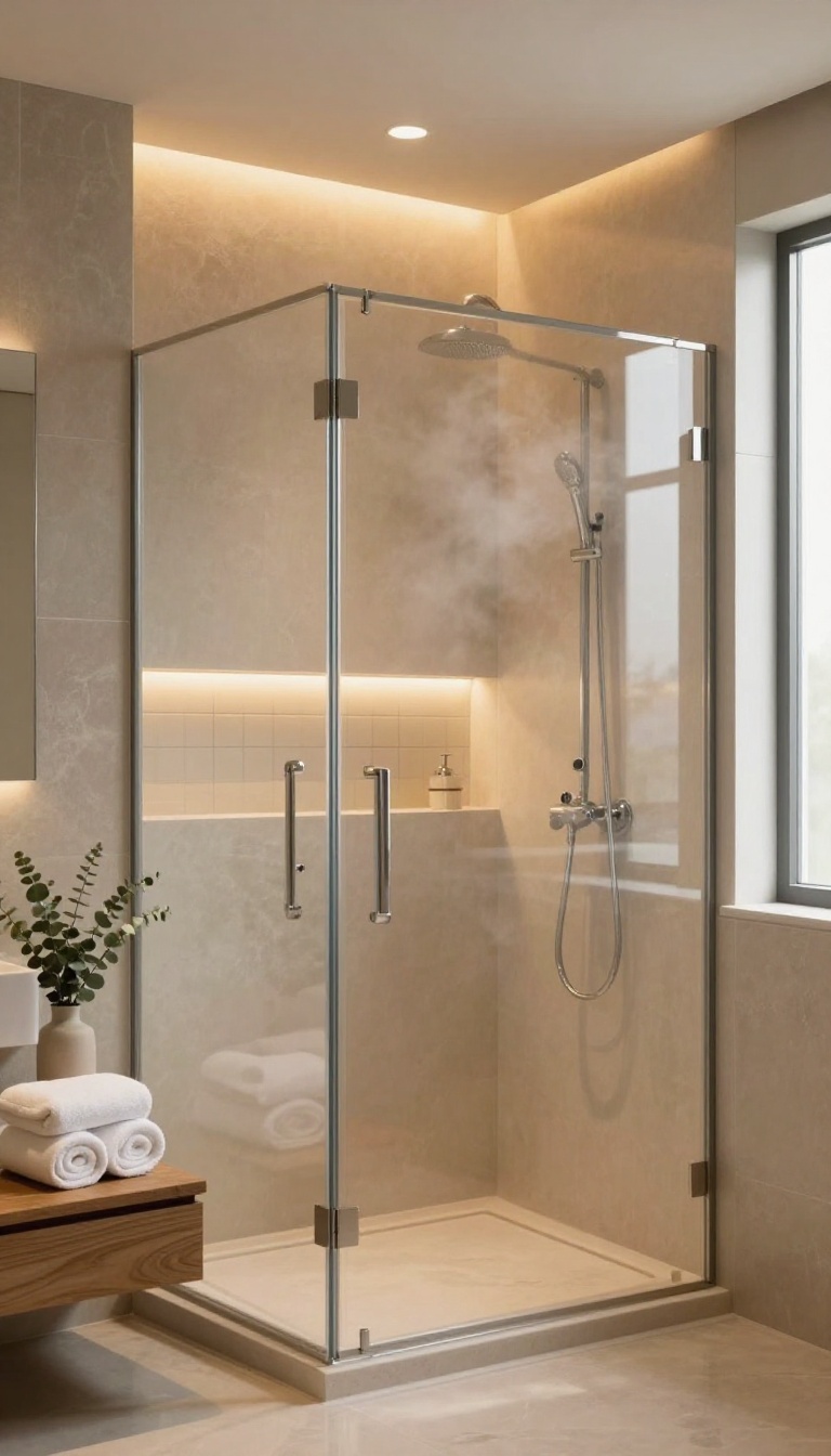 Modern master bathroom shower with dimmable ceiling light and warm LED strip accents glowing under a bench and along a niche