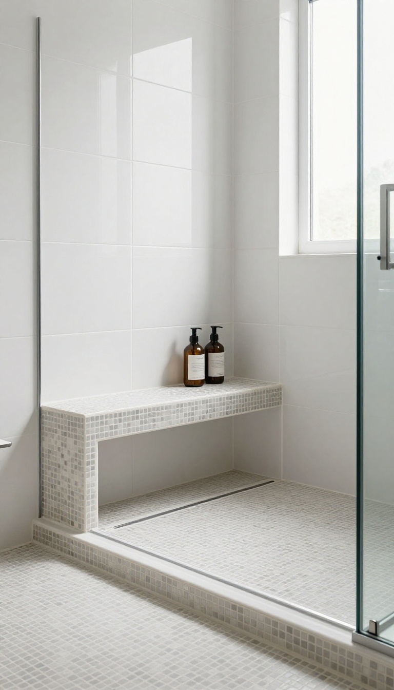 Modern shower with a mosaic-tiled bench top that matches the mosaic floor and contrasts with large-format wall tiles