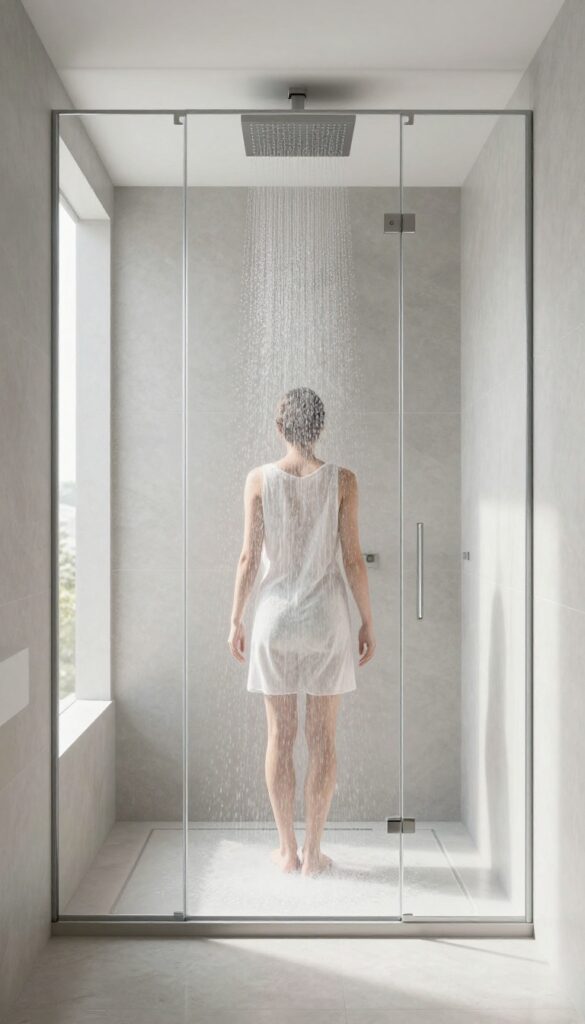 Person enjoying a ceiling-mounted rain shower in a spacious, bright bathroom with natural light and elegant tile.