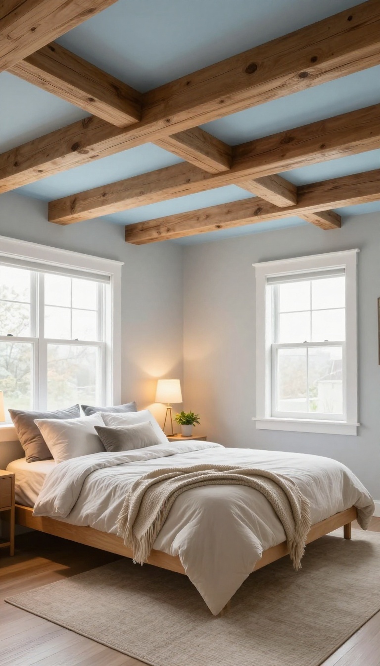 Cozy windowless basement bedroom with a pale blue painted ceiling and rustic wood beams creating a taller, brighter feel