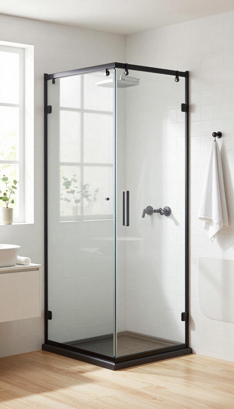 Bright bathroom corner shower with frameless sliding glass doors on a top track and no bottom rail