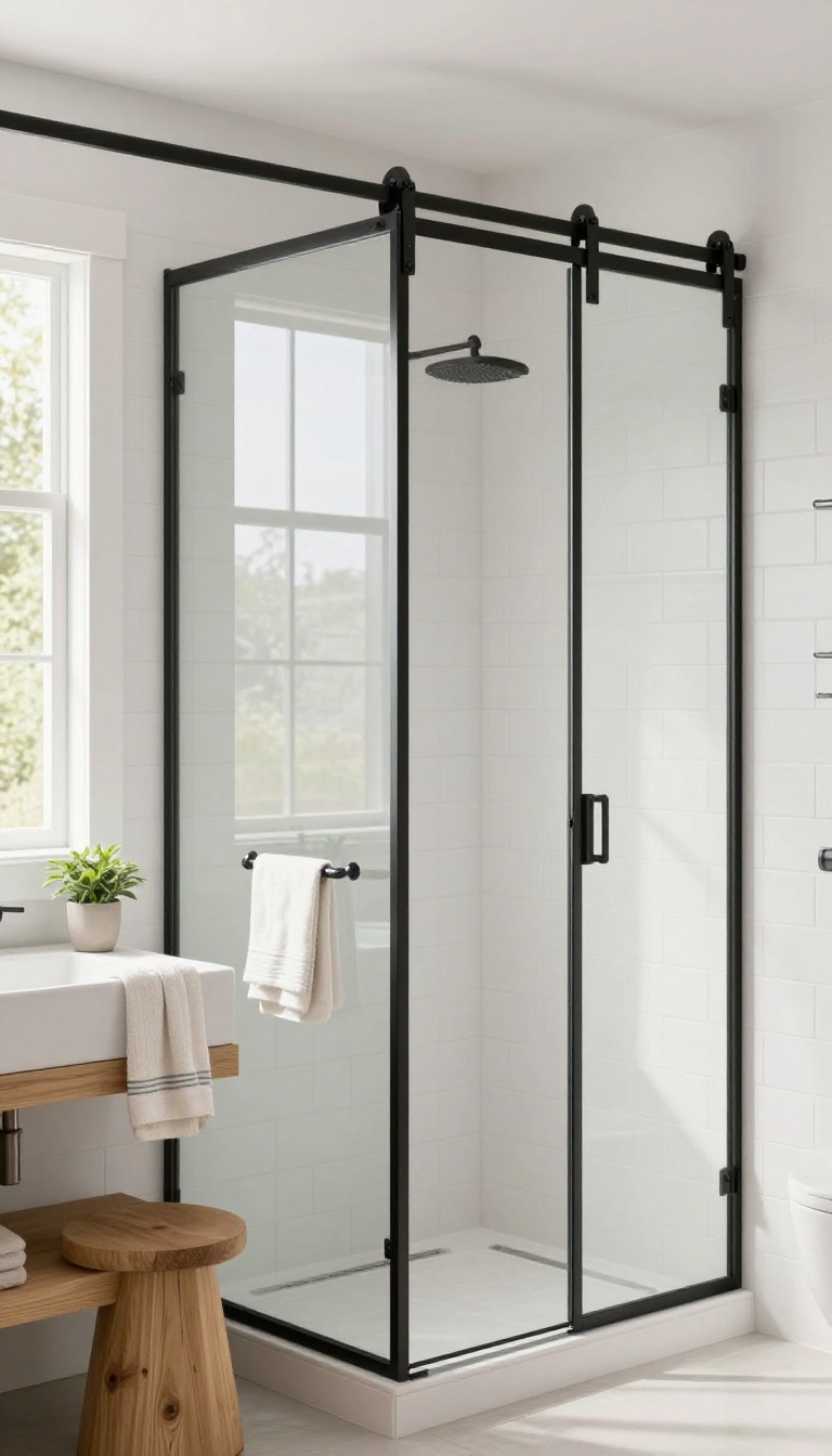 Modern farmhouse bathroom with a glass barn door shower enclosure, black metal frame, and bright natural light