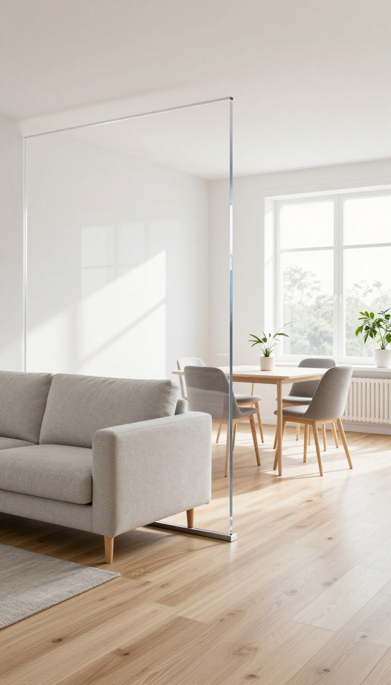 Bright small living room divided by a clear frameless acrylic panel on a metal base, separating a sofa area from a dining nook while keeping the space open and light