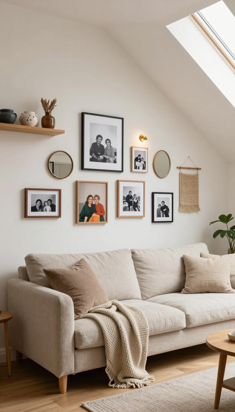 Bright loft living room with a personalized gallery wall of mixed framed photos and prints, a woven wall hanging, ceramics on a shelf, and a linen sofa under skylight light
