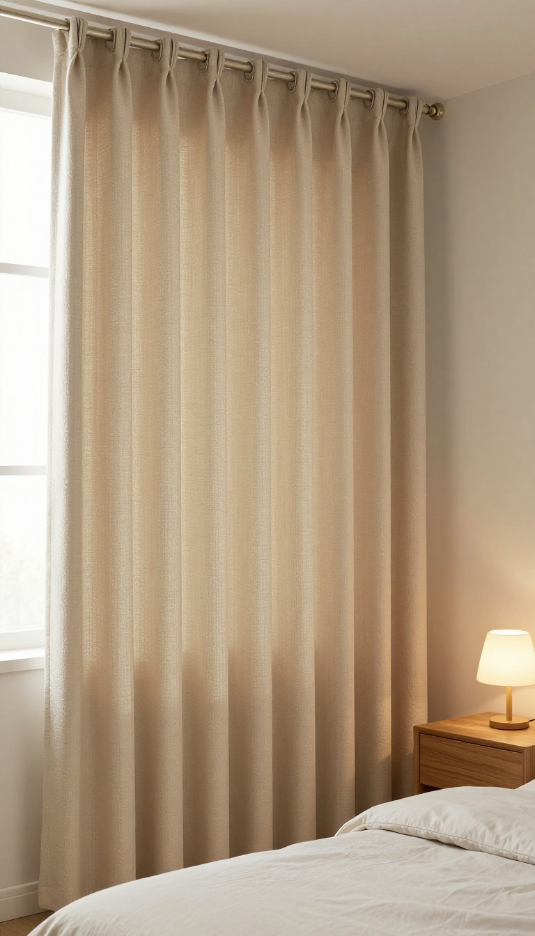 Bedroom with soft beige triple-weave blackout curtains fully closed to block light for a restful, quiet space