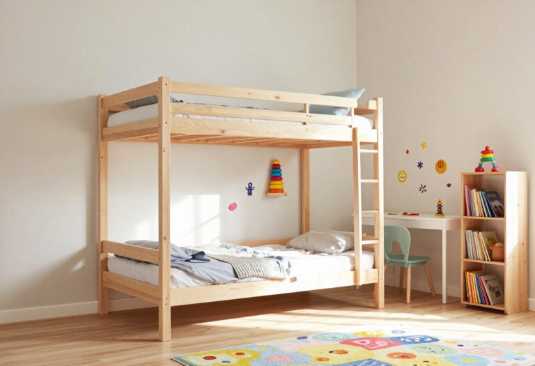 Boys' loft bedroom with a wooden loft bed and built-in desk underneath