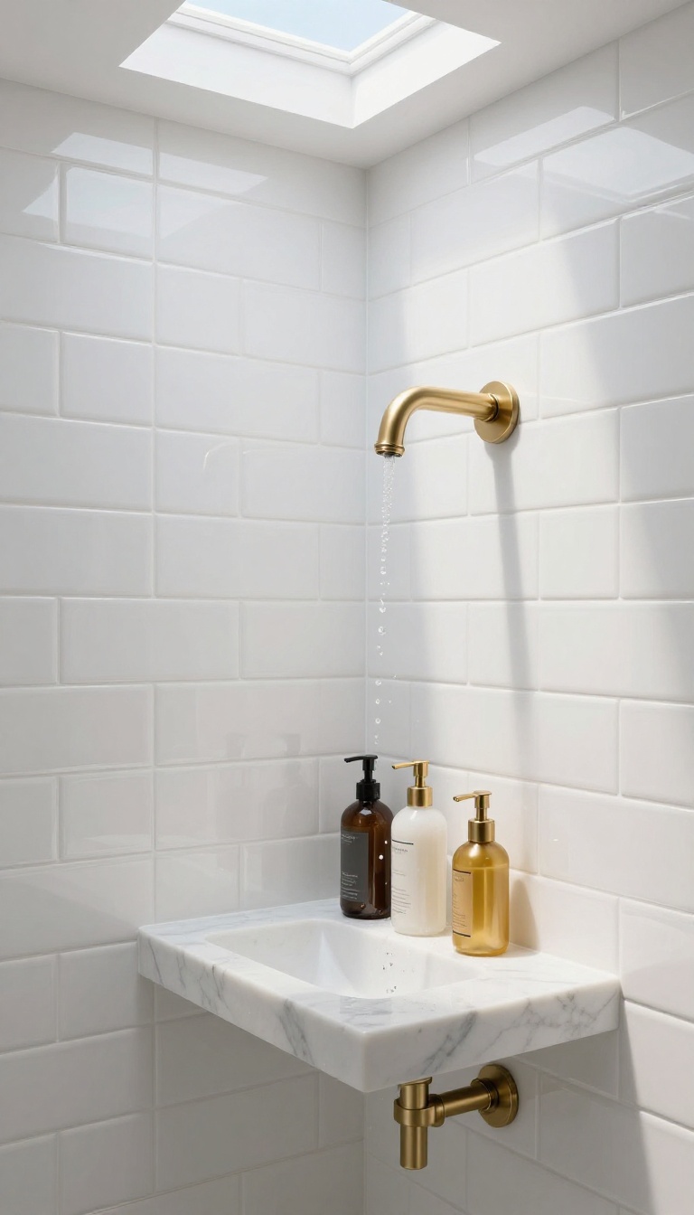 Modern shower niche with a solid marble shelf holding bath products against white subway tile