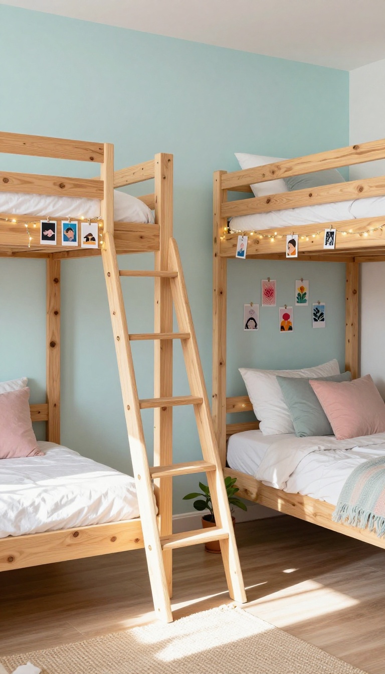 A bright girls' shared bedroom with bunkbeds and a wooden ladder leaning against the wall, styled with framed photos, art prints, and fairy lights on its rungs.
