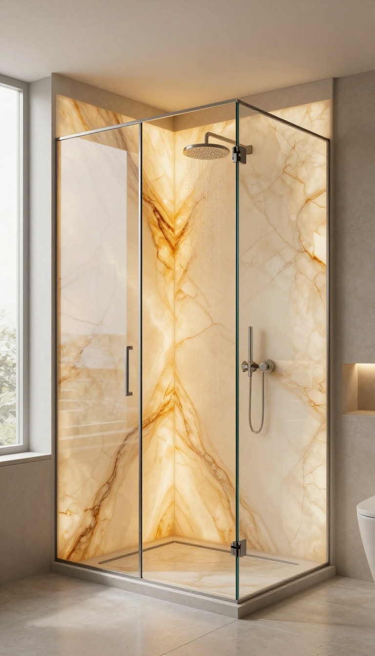 Walk-in shower with backlit onyx panels glowing warmly, making the space feel larger and spa-like.