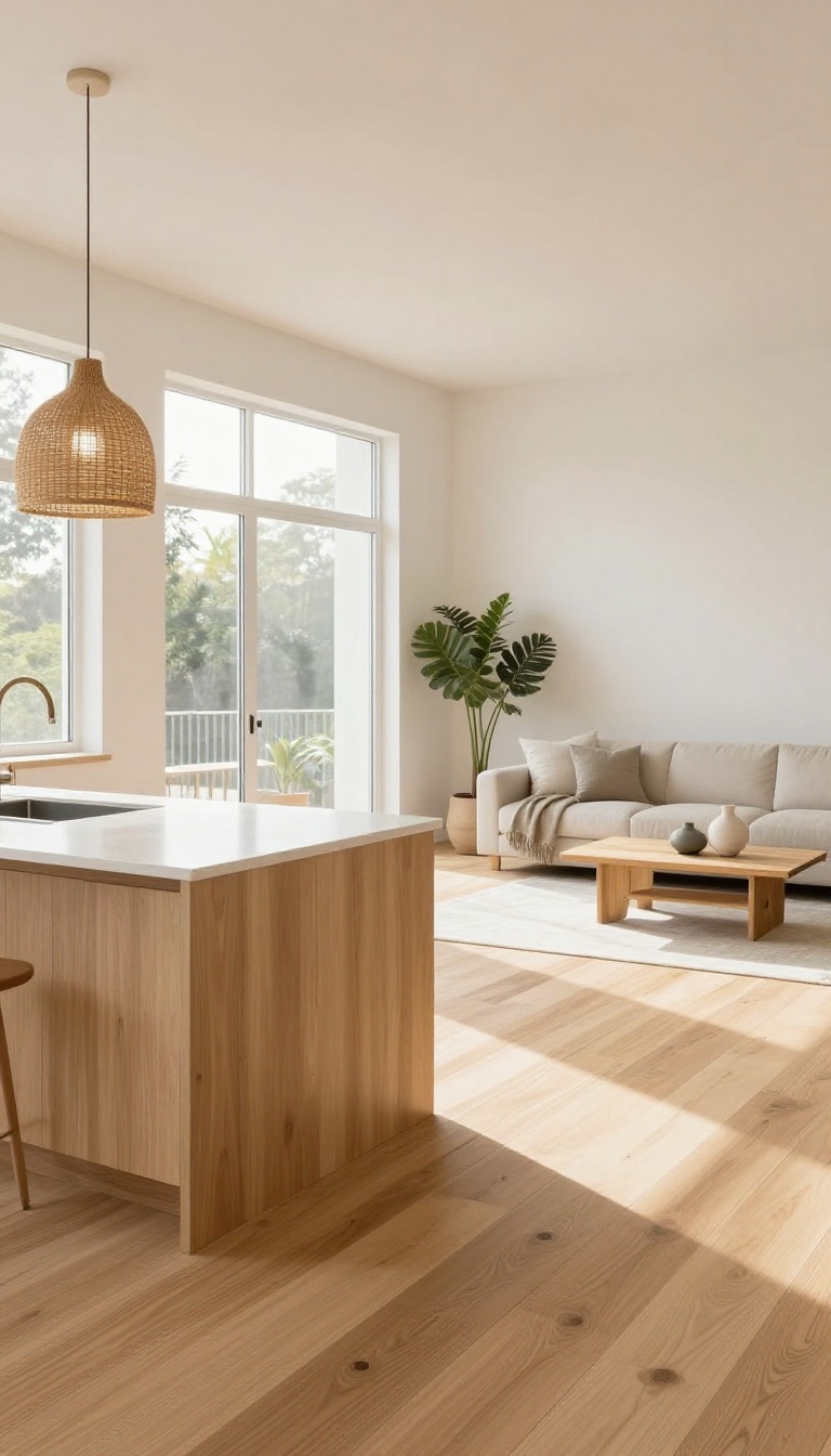 Bright open-concept kitchen and living room connected by one continuous light oak hardwood floor, with a white island in front and a neutral sofa behind under natural window light