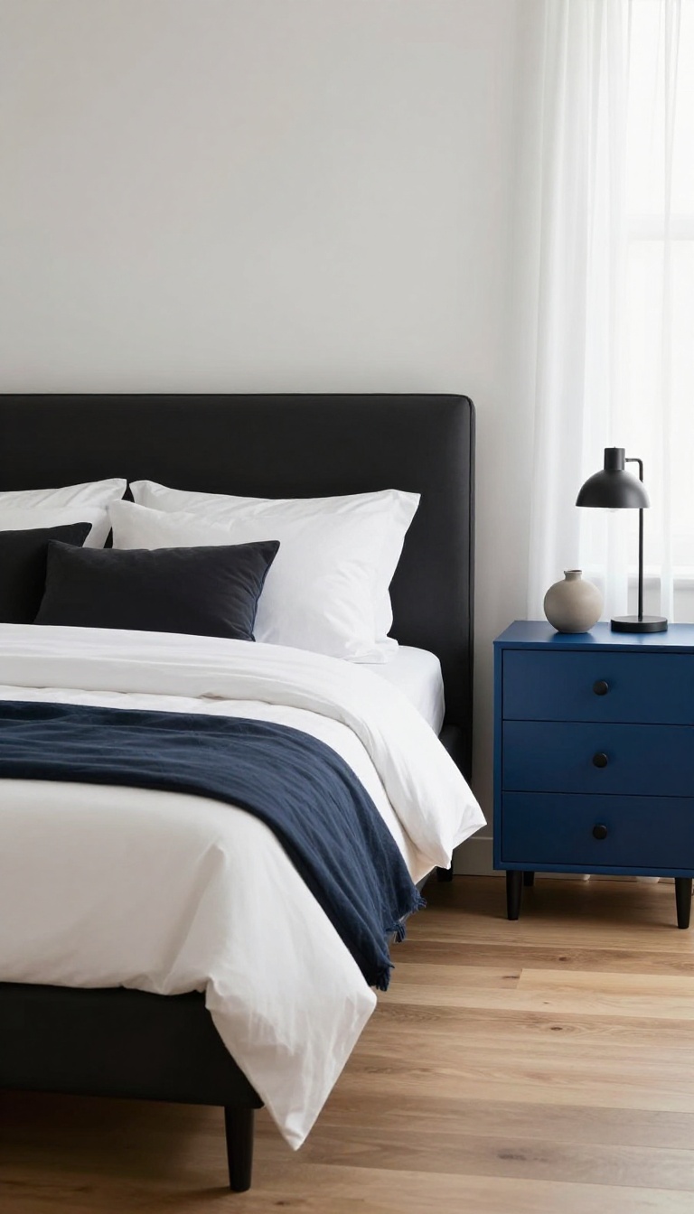 Two deep blue nightstands with black knobs beside a bed with black and blue bedding in a bright modern bedroom