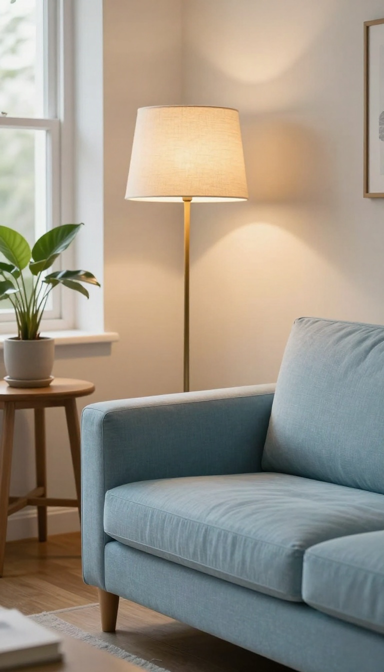 Light blue couch in a serene living room with a brass floor lamp and linen shade casting warm light