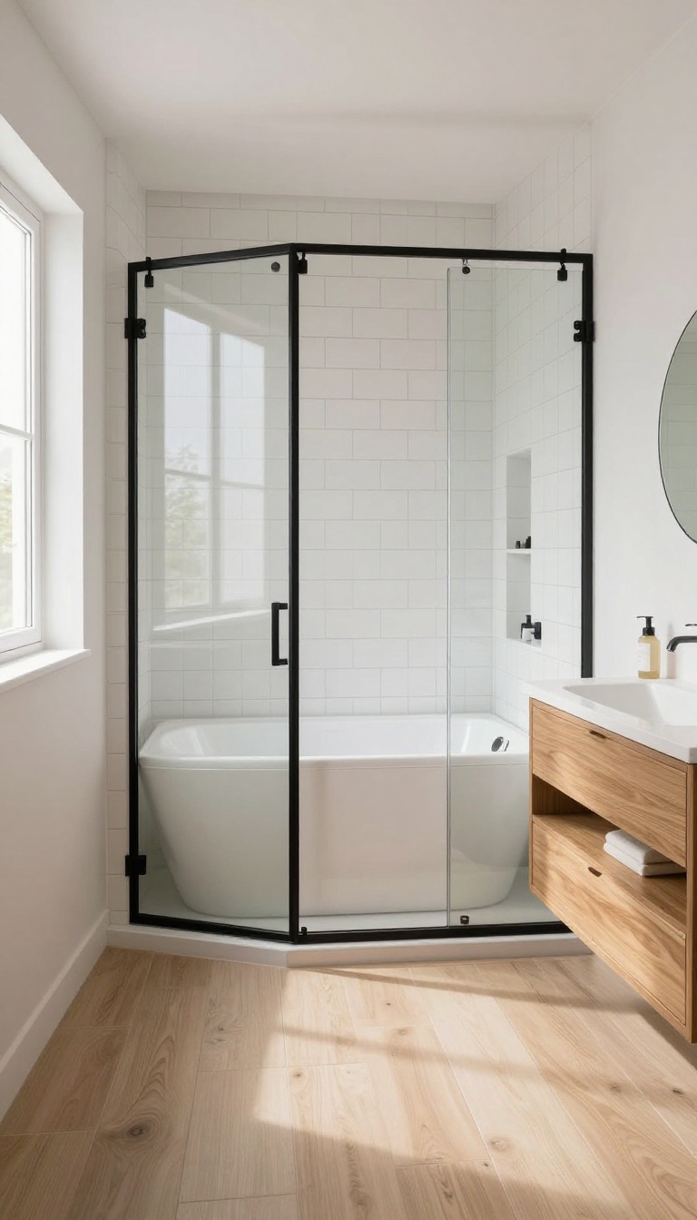 Small bathroom with alcove tub and sliding glass door