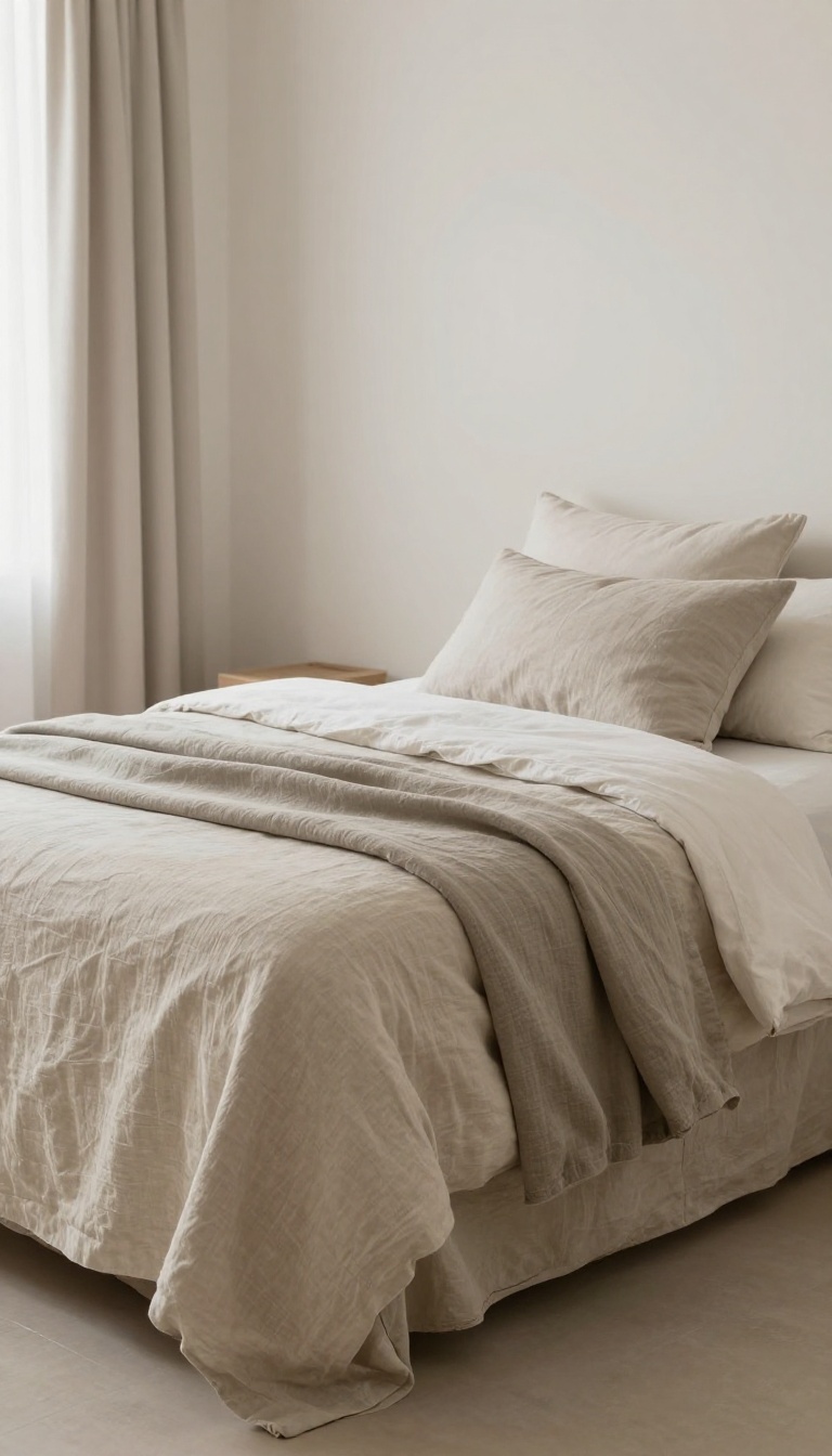 Calm neutral spa bedroom with warm white walls, oatmeal linen bedding, taupe duvet, sage pillowcases, and a clay throw in soft natural light