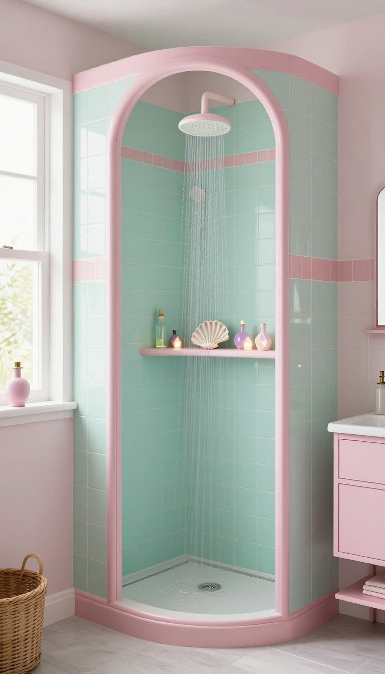 Pastel mint and blush tiled shower stall with an arched entry, shell ledge, floating shelf with glowing crystals, and a pastel rain shower head in bright natural light