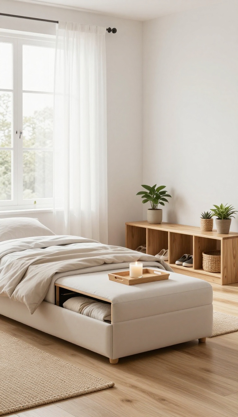 Bright small spare bedroom with a storage ottoman and a bench with built-in cubbies, showing multi-functional furniture that saves space