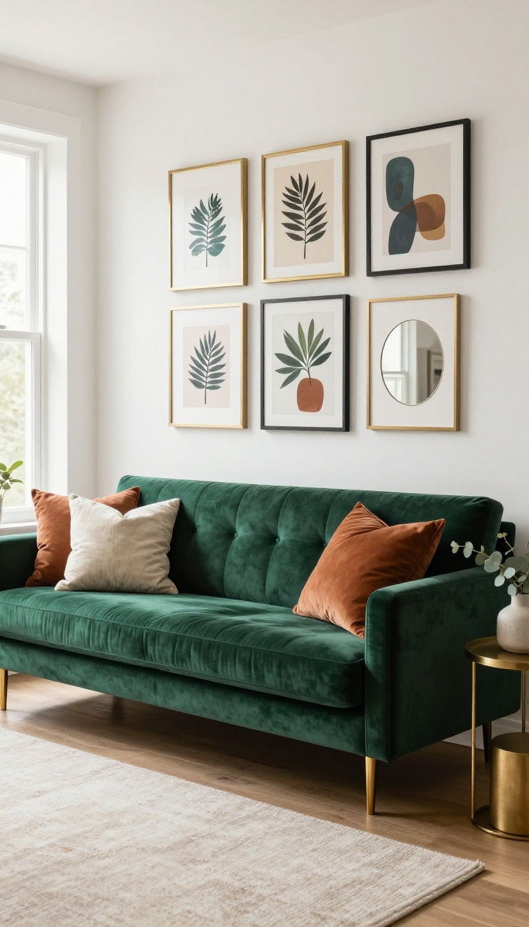 Green velvet couch beneath an organic gallery wall of mixed brass and black frames in a bright living room